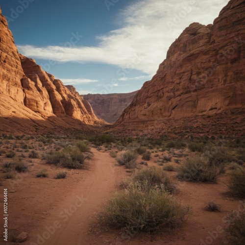 Pathway Through Majestic Red Rock Canyon Landscape Under a Blue Sky 