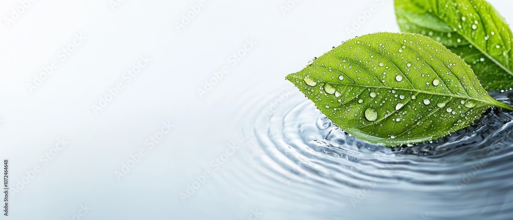 A green leaf with water droplets on it in the water A green leaf with water droplets on it in the water
