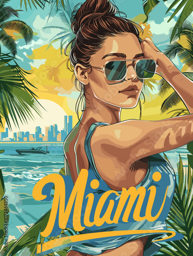 Woman is wearing sunglasses and a bikini top. She is standing in front of a beach in Miami and a city skyline
