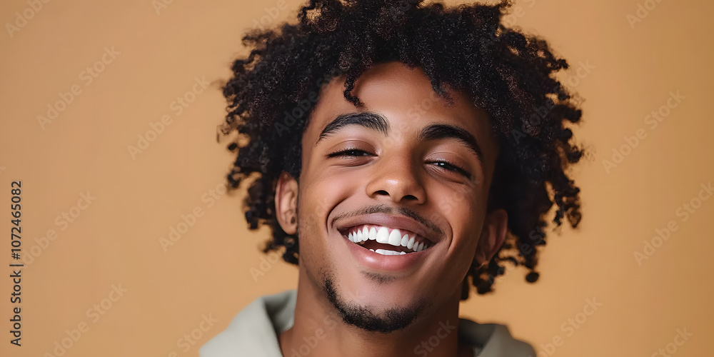 Captured in a vertical shot, this happy African American Gen Z guy stands on a beige background, exuding confidence and style. His curly hair and bright smile showcase his youthful spirit and the vibr Captured in a vertical shot, this happy African American Gen Z guy stands on a beige background, exuding confidence and style. His curly hair and bright smile showcase his youthful spirit and the vibr