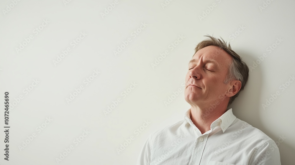 A middle-aged man is leaning against a wall with his eyes closed, clearly in discomfort from a headache. His facial expression shows signs of pain and fatigue A middle-aged man is leaning against a wall with his eyes closed, clearly in discomfort from a headache. His facial expression shows signs of pain and fatigue