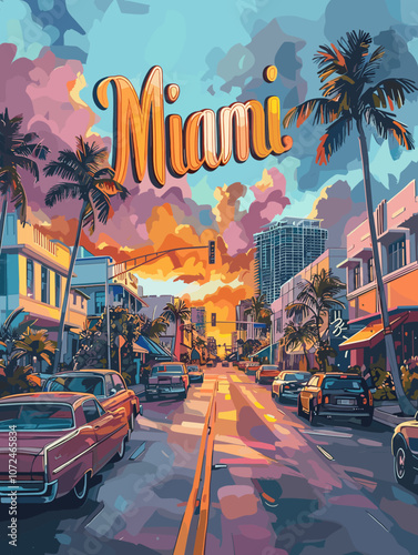 Miami, United States of America, vector illustration beautiful postcard