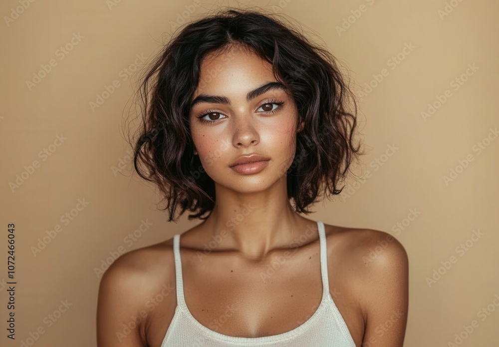 Beautiful female model, photograph with a white sleeveless top, solid color background Beautiful female model, photograph with a white sleeveless top, solid color background