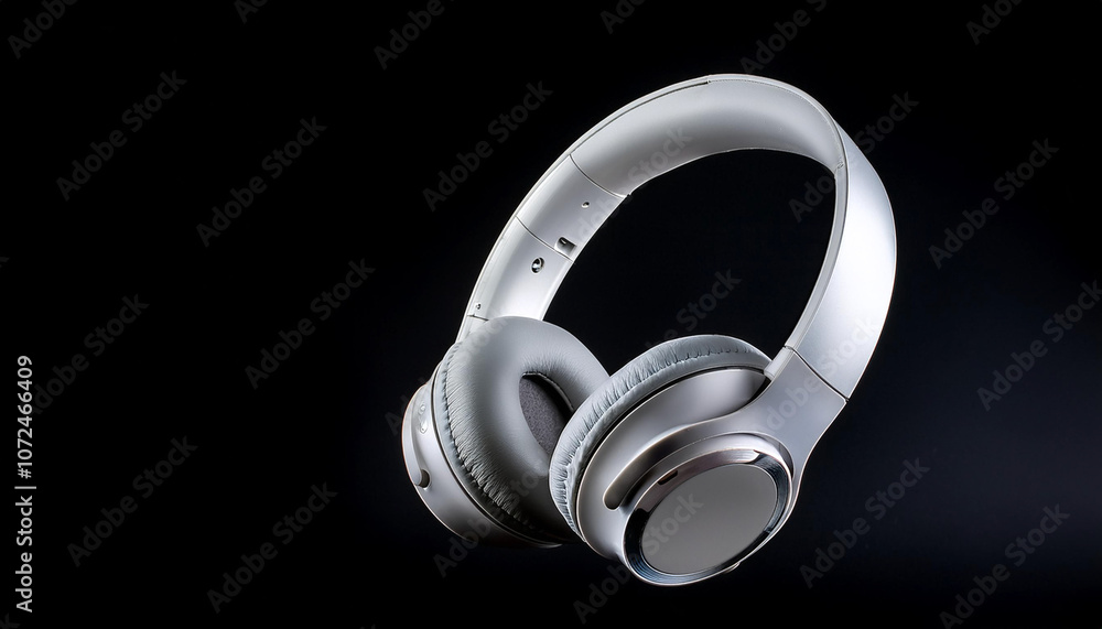 White metallic wireless headphones isolated on a dark black White metallic wireless headphones isolated on a dark black
