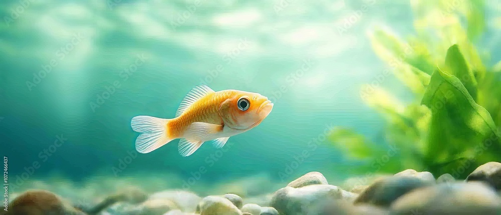 Naklejka premium A goldfish swimming in an aquarium with rocks and plants