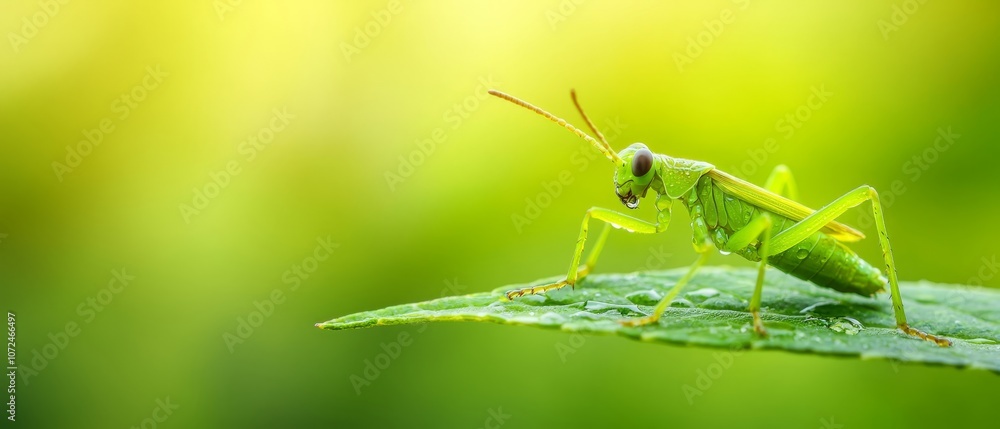 A green grasshopper sitting on top of a green leaf A green grasshopper sitting on top of a green leaf