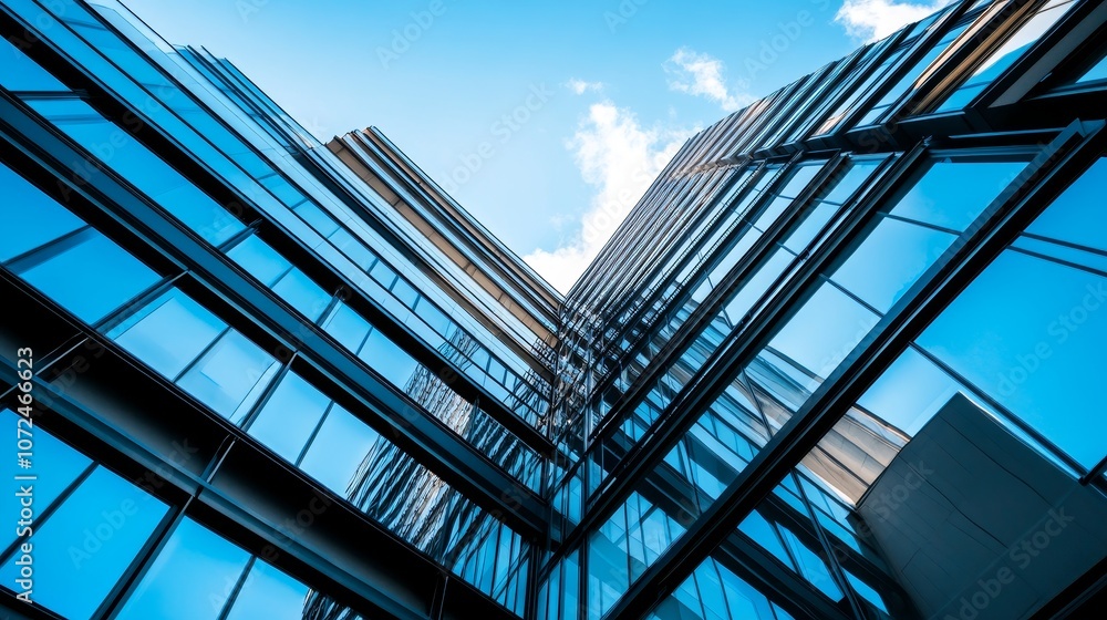 A modern glass skyscraper reaching towards the blue sky, showcasing contemporary architecture. A modern glass skyscraper reaching towards the blue sky, showcasing contemporary architecture.