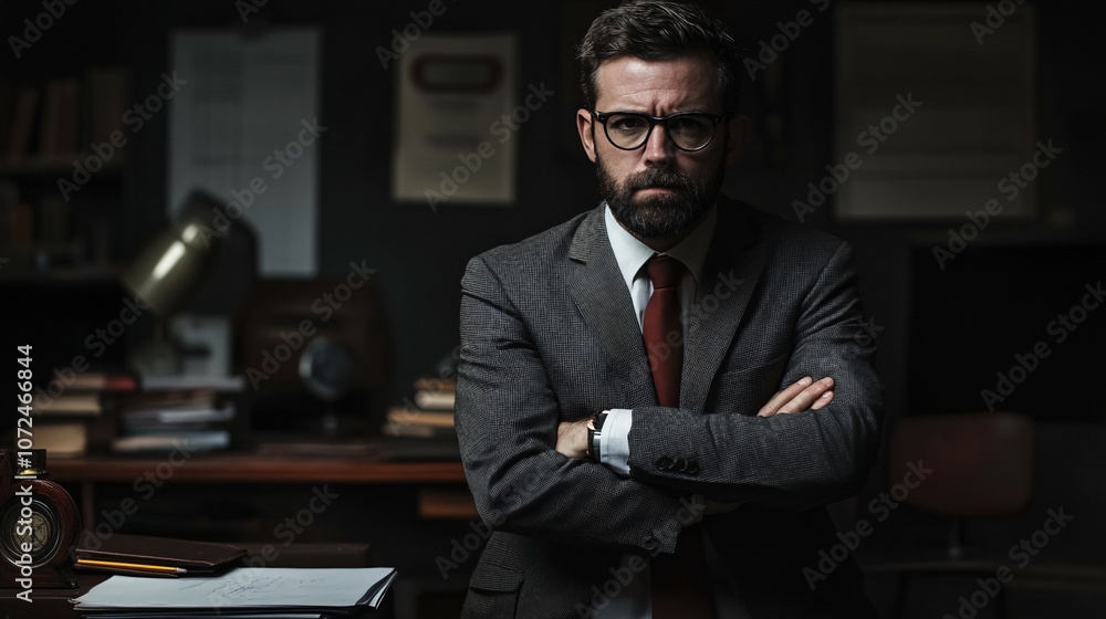 A Confident Man in a Suit Standing in a Dark Room A Confident Man in a Suit Standing in a Dark Room