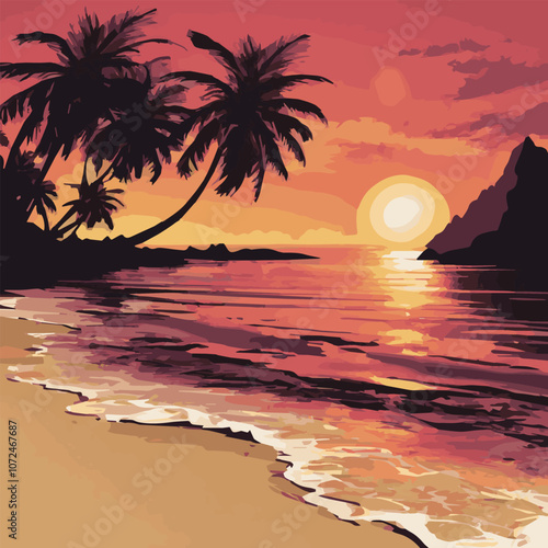 Wallpaper Mural Dark palm trees silhouettes on colorful tropical ocean sunset background, summer sunset background at the beach. Palm tree vector island coconut cartoon icon. Palm tree island desert isolated.	 Torontodigital.ca