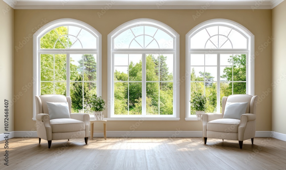 Two beige armchairs with cushions facing large arched windows with green trees outside. Cozy interior seating arrangement concept. Design for interior, poster, wallpaper, banner. Two beige armchairs with cushions facing large arched windows with green trees outside. Cozy interior seating arrangement concept. Design for interior, poster, wallpaper, banner.