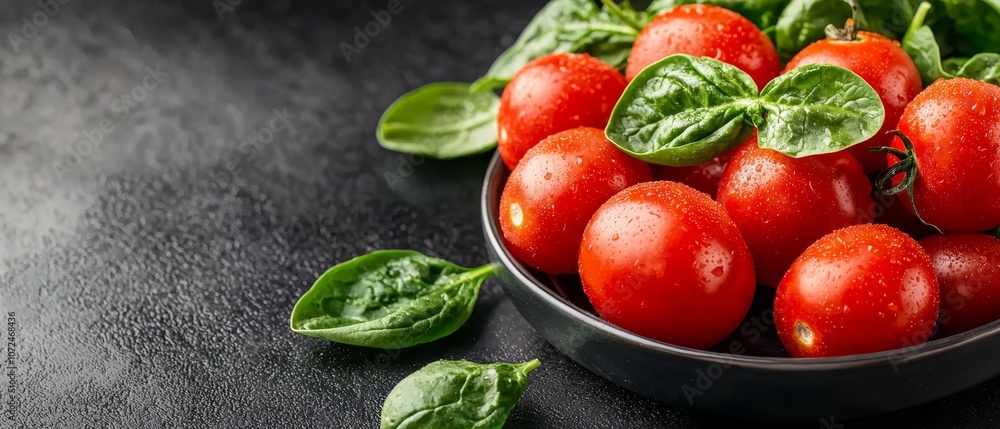 A bowl of cherry tomatoes and basil leaves on a table A bowl of cherry tomatoes and basil leaves on a table