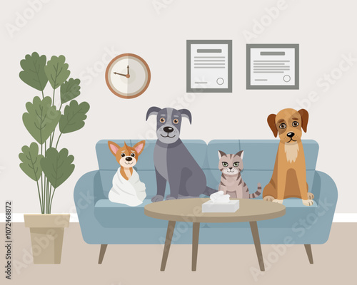Veterinary clinic. Queue for reception. Veterinary clinical care. Appointment with a veterinarian. Medical treatment, vaccination of animals. Vector illustration.
