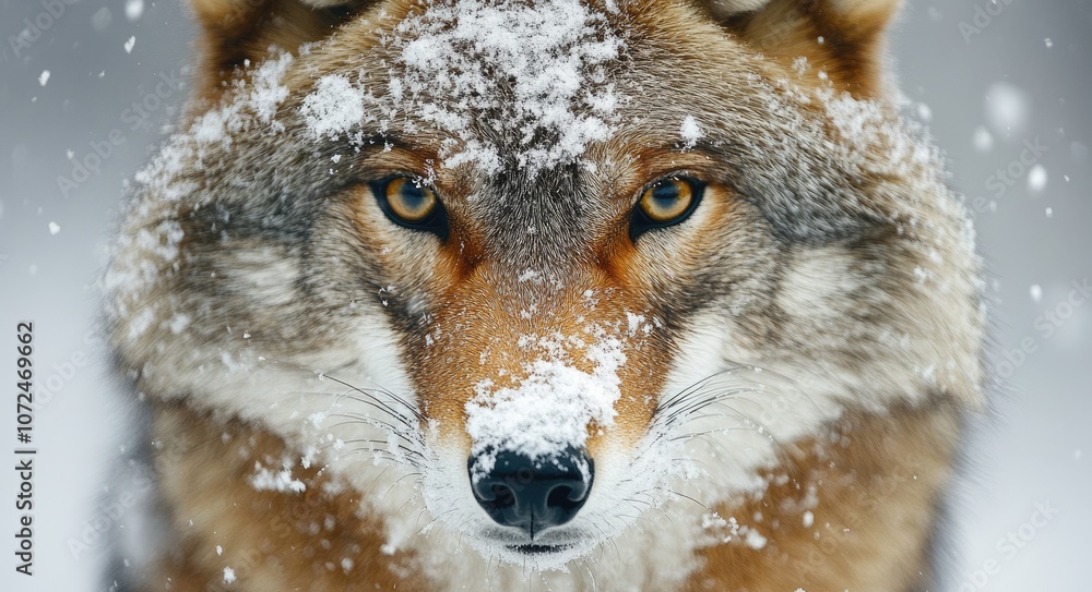 Obraz premium Winter Wildlife Portrait: Majestic Coyote with Snowy Fur in Natural Habitat