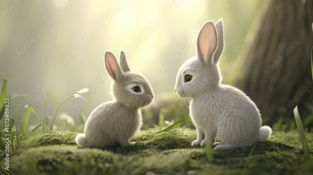 Fototapeta premium Adorable Rabbit and Little Bunny Pair Sitting Together, Isolated on Transparent Background