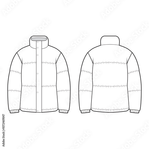 Front and back views of a short puffer jacket with high collar in black and white vector illustration, showcasing quilted sections and simple design.
