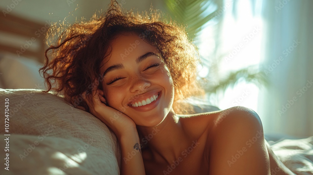 A joyful woman smiles warmly while resting comfortably in bed, illuminated by soft sunlight, creating a serene and cozy atmosphere. A joyful woman smiles warmly while resting comfortably in bed, illuminated by soft sunlight, creating a serene and cozy atmosphere.