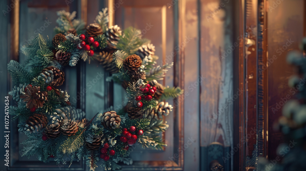 Christmas door wreath with elements such as pine cones, pine branches and red berries Christmas door wreath with elements such as pine cones, pine branches and red berries