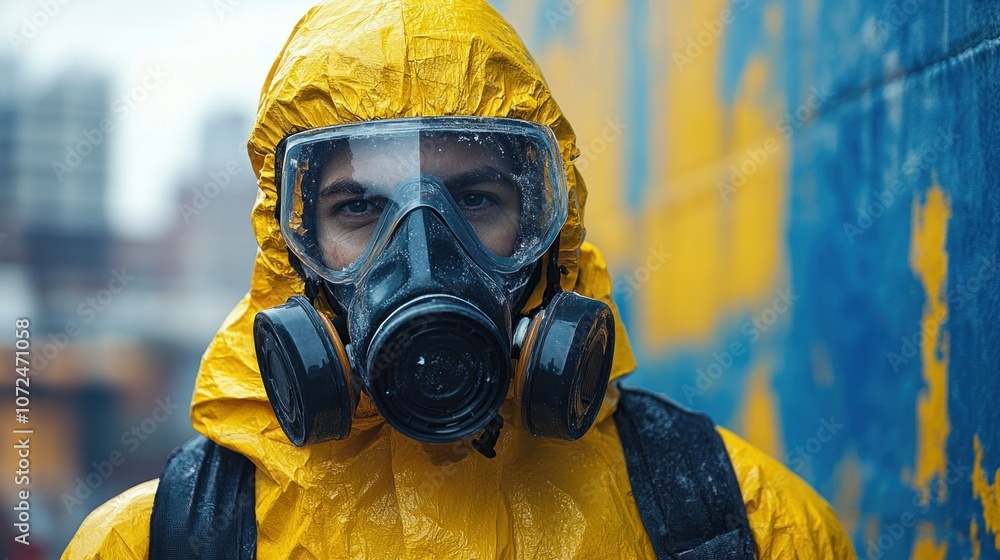 Asbestos removal specialist carefully removes hazardous materials from building wall Asbestos removal specialist carefully removes hazardous materials from building wall