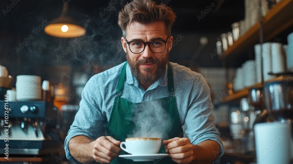 A skilled barista smiles warmly while presenting a steaming cup of coffee, surrounded by a vibrant cafe atmosphere filled with aromatic blends and friendly chatter A skilled barista smiles warmly while presenting a steaming cup of coffee, surrounded by a vibrant cafe atmosphere filled with aromatic blends and friendly chatter