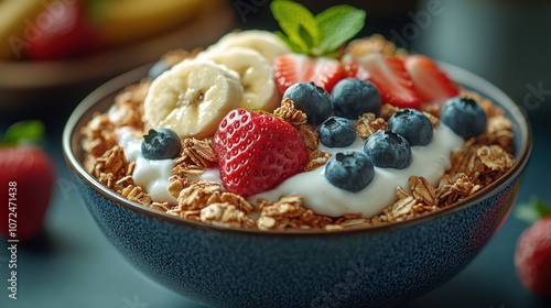 Bowl of granola with yogurt, strawberries, blueberries and banana slices.