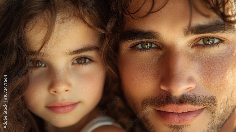 A little girl gazes at the camera with a warm smile, closely leaning against her father, who also smiles gently, emphasizing their strong family connection and loving relationship A little girl gazes at the camera with a warm smile, closely leaning against her father, who also smiles gently, emphasizing their strong family connection and loving relationship