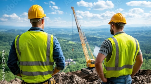 Two construction workers in safety gear watch as a crane operates in the distance, moving materials on a hillside with a panoramic view of the valley below photo