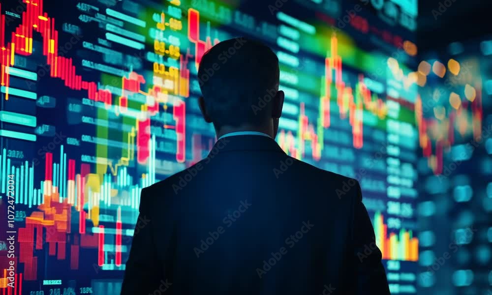Businessman Observing Financial Data on a Large Screen Businessman Observing Financial Data on a Large Screen
