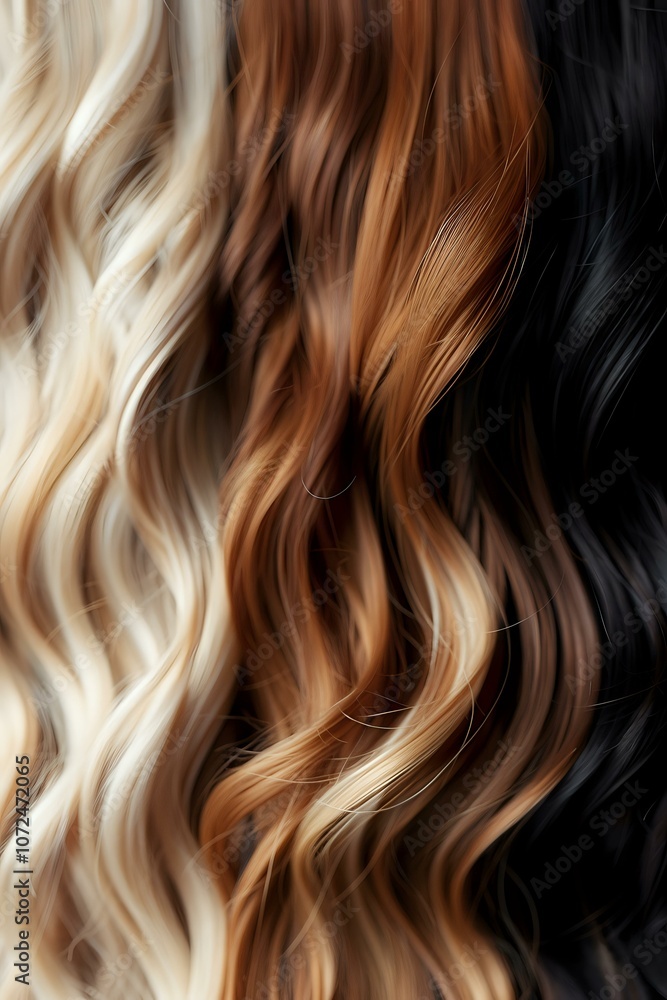 Close-up of wavy hair in a gradient spectrum of blonde, caramel, auburn, and black tones, highlighting the vibrant texture and color transitions. Perfect for beauty, haircare, and hairstyling Close-up of wavy hair in a gradient spectrum of blonde, caramel, auburn, and black tones, highlighting the vibrant texture and color transitions. Perfect for beauty, haircare, and hairstyling