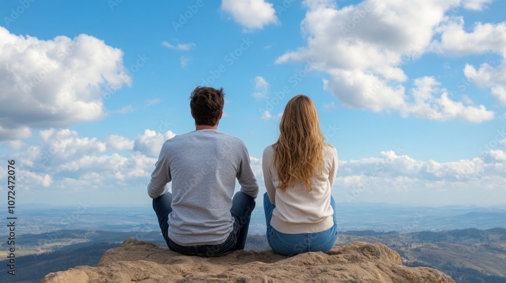 A young couple sits on a large rock, gazing at the breathtaking valley below A young couple sits on a large rock, gazing at the breathtaking valley below