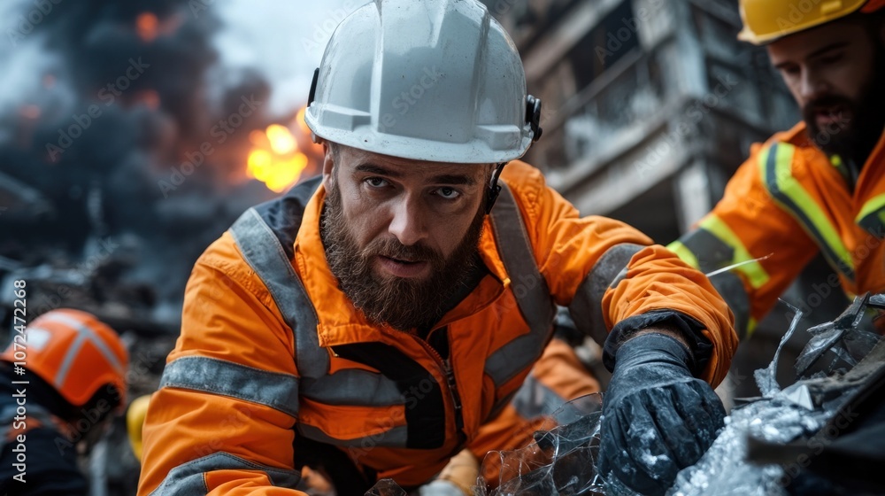 A team of dedicated rescue workers in bright orange and yellow safety gear work diligently amid the rubble of a collapsed building, ensuring the safety of those trapped inside A team of dedicated rescue workers in bright orange and yellow safety gear work diligently amid the rubble of a collapsed building, ensuring the safety of those trapped inside