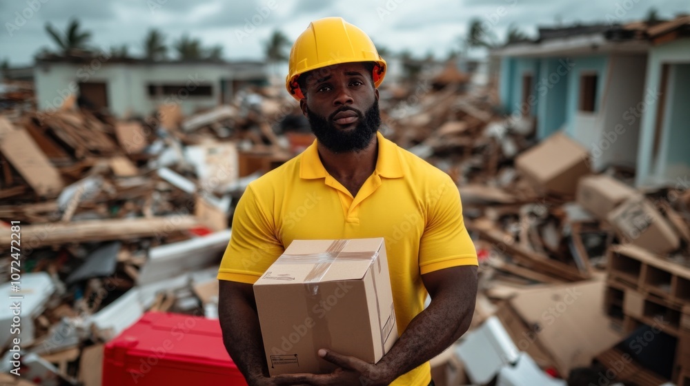 A man stands confidently in a yellow shirt and hard hat, holding a package in front of a devastated area filled with debris and destroyed structures, illustrating post-disaster recovery efforts A man stands confidently in a yellow shirt and hard hat, holding a package in front of a devastated area filled with debris and destroyed structures, illustrating post-disaster recovery efforts
