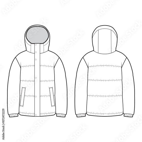 Front and back views of a short hooded puffer jacket in black and white vector format, showing pockets and quilted sections.
