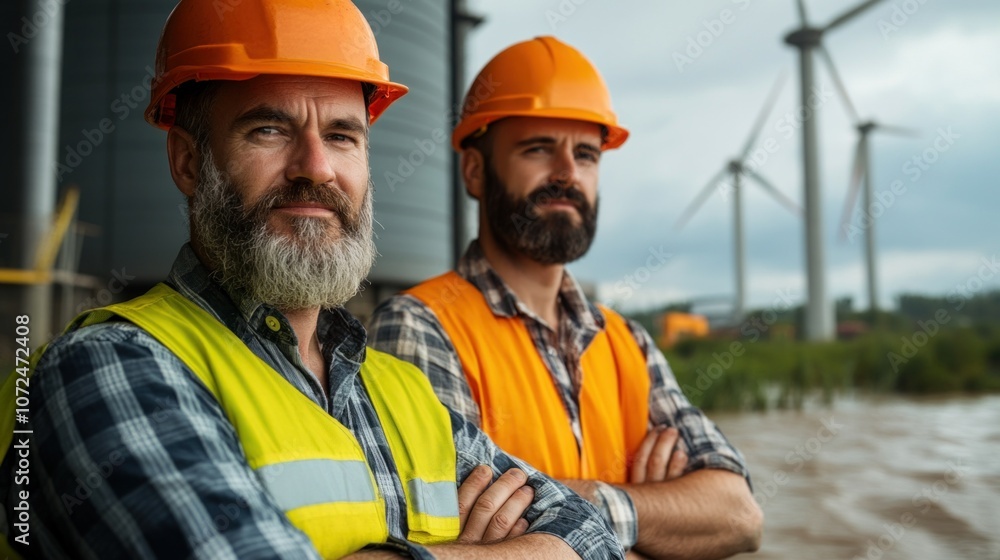 Two construction workers in hard hats and safety vests stand side by side at a wind farm, looking out over the equipment and scenic view under cloudy skies Two construction workers in hard hats and safety vests stand side by side at a wind farm, looking out over the equipment and scenic view under cloudy skies