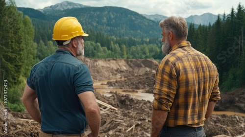 Two construction workers in safety gear observe a large area affected by landslides in a lush forested region, evaluating the damage caused by recent heavy rainfall