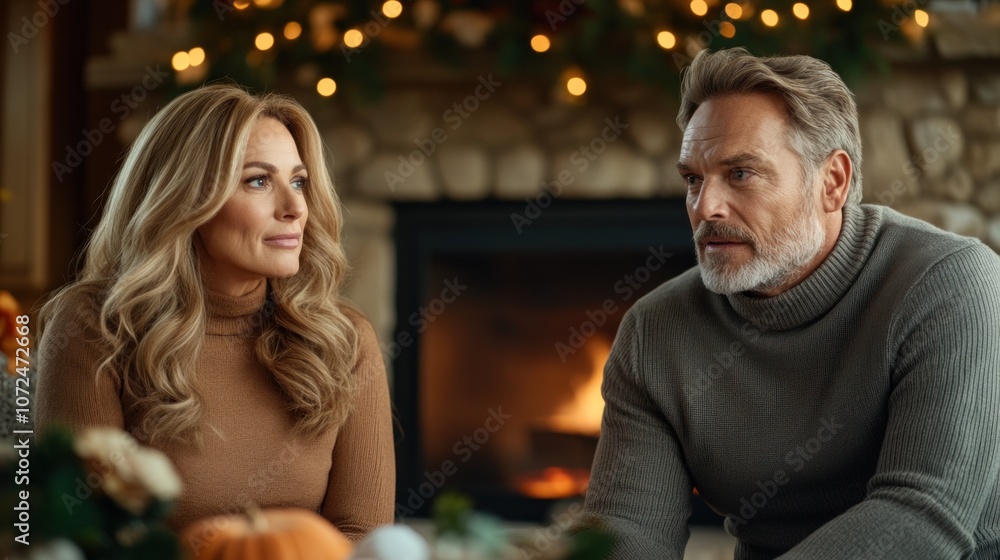 A couple engages in a heartfelt discussion while sitting near a crackling fireplace, surrounded by autumn decorations like pumpkins and warm lighting, creating an intimate atmosphere A couple engages in a heartfelt discussion while sitting near a crackling fireplace, surrounded by autumn decorations like pumpkins and warm lighting, creating an intimate atmosphere