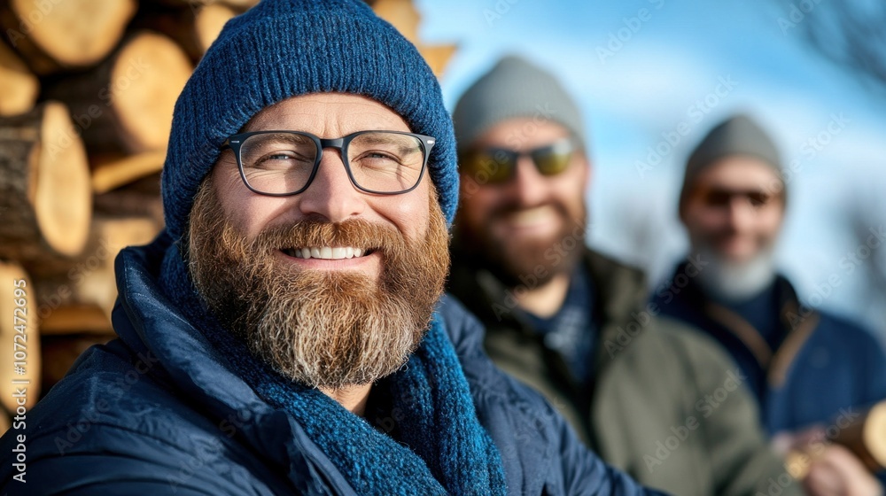 Three men wearing winter hats and coats smile in front of a stacked pile of firewood. The sun shines brightly, highlighting their friendly expressions against a clear winter backdrop Three men wearing winter hats and coats smile in front of a stacked pile of firewood. The sun shines brightly, highlighting their friendly expressions against a clear winter backdrop