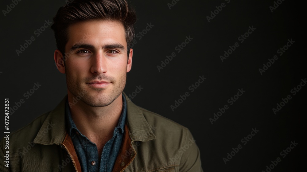 Obraz premium Stylish Young Man in Casual Outfit Against Dark Background