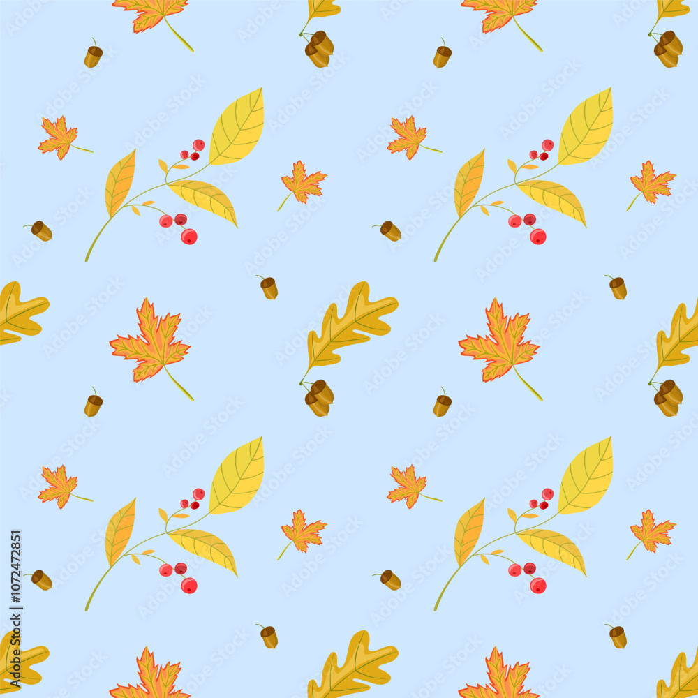 A charming autumn-themed seamless pattern featuring leaves, acorns, and branches. Perfect for fall decorations, textiles, greeting cards, and seasonal crafts! A charming autumn-themed seamless pattern featuring leaves, acorns, and branches. Perfect for fall decorations, textiles, greeting cards, and seasonal crafts!