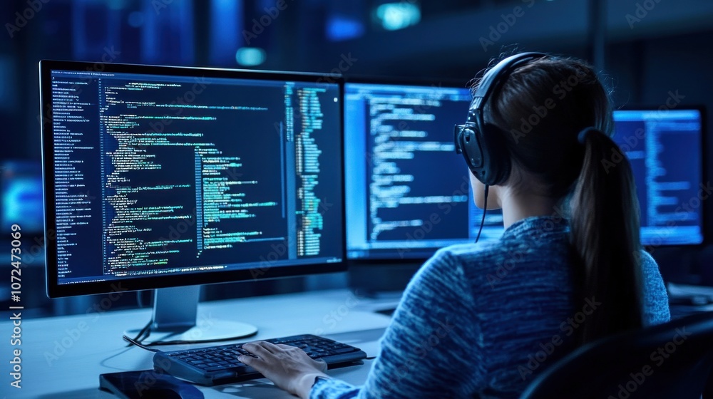 In a dimly lit office, a programmer is deeply engaged in coding on several computer monitors, wearing headphones while analyzing complex software data during night hours In a dimly lit office, a programmer is deeply engaged in coding on several computer monitors, wearing headphones while analyzing complex software data during night hours