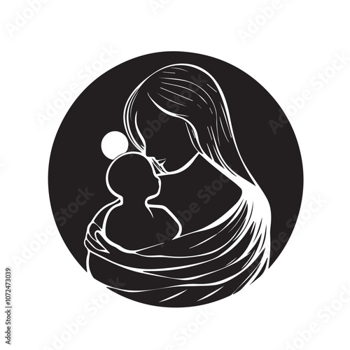 Mother with baby In cartoon, hand-drawn flat style. image for social media, websites and UI. Isolated 2D vector design in logo, icon, sketch style, simple line vector, single color. AI Generative Art.