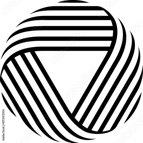 A circular logo design featuring three curved sections with parallel black stripes that interweave to form a triangular shape in the center, creating an illusion of dimension and movement.