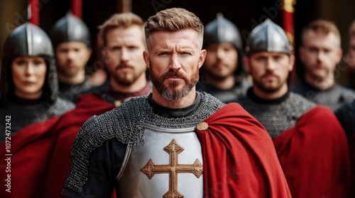 A band of warriors in helmets and chainmail march confidently, led by a bearded figure wearing a red cloak and metal armor, exuding strength amid vibrant surroundings photo