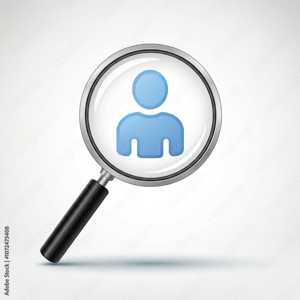 3D Magnifying Glass Icon Focused on Simplified Human Figure, Representing Search or Investigation, Featuring Shiny Metallic Frame with Clear Glass and Light Blue Minimalistic Figure 3D Magnifying Glass Icon Focused on Simplified Human Figure, Representing Search or Investigation, Featuring Shiny Metallic Frame with Clear Glass and Light Blue Minimalistic Figure