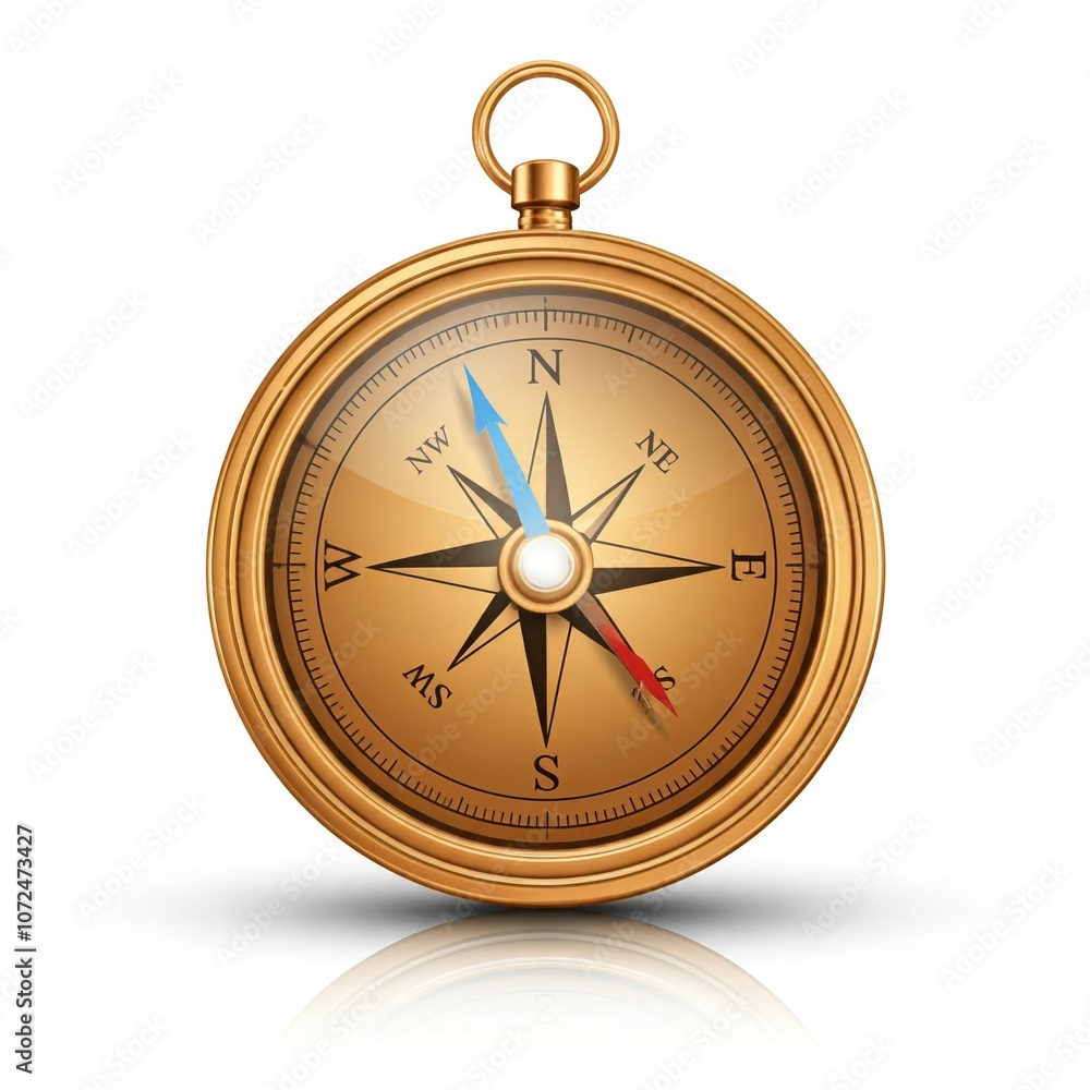 3D Compass Icon with Detailed Cardinal Points, Representing Navigation or Exploration, Featuring Brass Metallic Finish, Glass Cover, and Needle Pointing North, on White Background 3D Compass Icon with Detailed Cardinal Points, Representing Navigation or Exploration, Featuring Brass Metallic Finish, Glass Cover, and Needle Pointing North, on White Background