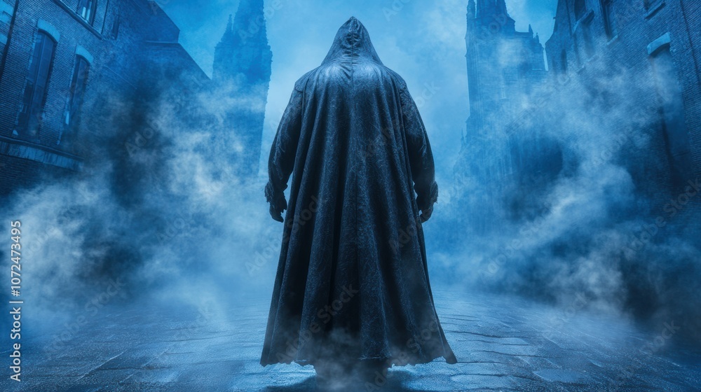 A cloaked figure stands alone in an eerie, deserted street engulfed in fog. The surrounding buildings loom in twilight, enhancing the chilling atmosphere of the scene A cloaked figure stands alone in an eerie, deserted street engulfed in fog. The surrounding buildings loom in twilight, enhancing the chilling atmosphere of the scene