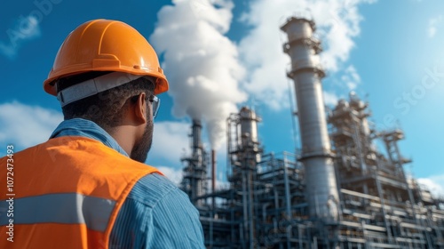 A worker in safety gear looks out towards a refinery complex, with towering smokestacks and steam rising against a bright, clear sky, showcasing an industrial landscape