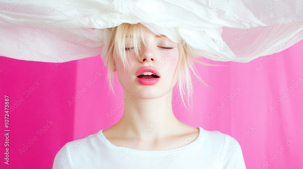A young model showcases an artistic expression by wearing a light, translucent fabric that resembles a headdress while posing against a bright pink background, capturing an ethereal look A young model showcases an artistic expression by wearing a light, translucent fabric that resembles a headdress while posing against a bright pink background, capturing an ethereal look
