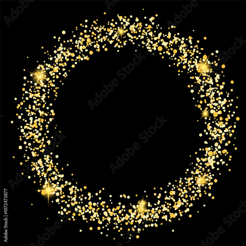 Bright shiny glitter golden sparcle round frame on a black background. Vector illustration for new year or Christmas posters, banners, cards, ads, social media, web