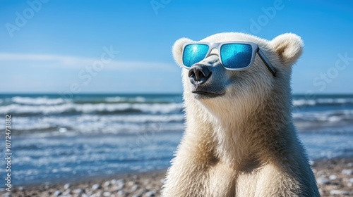 Chill Polar Bear Enjoying the Beach with Sunglasses and a Beach Chair