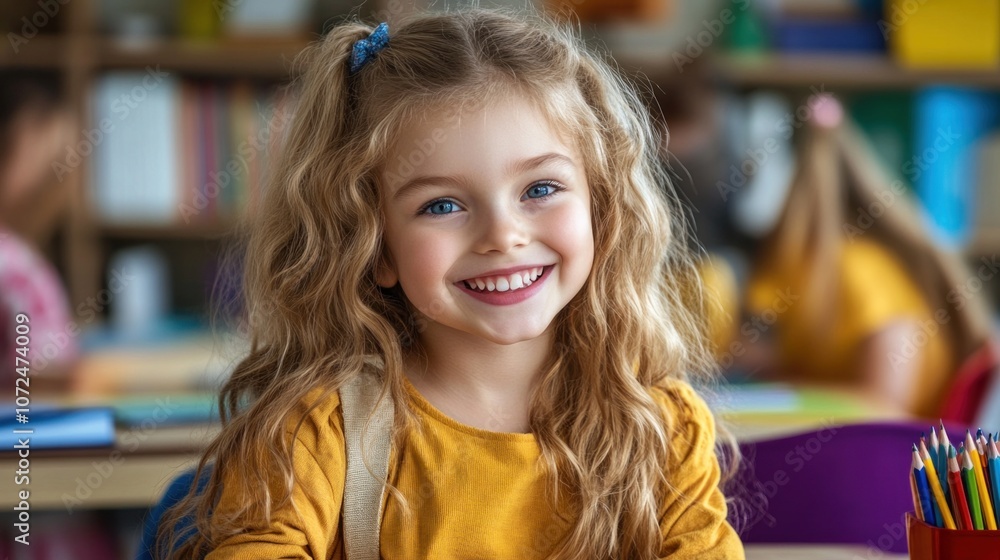 A young girl with curly hair expresses happiness while sitting at her classroom desk. She holds art supplies, surrounded by classmates, enjoying a vibrant learning environment